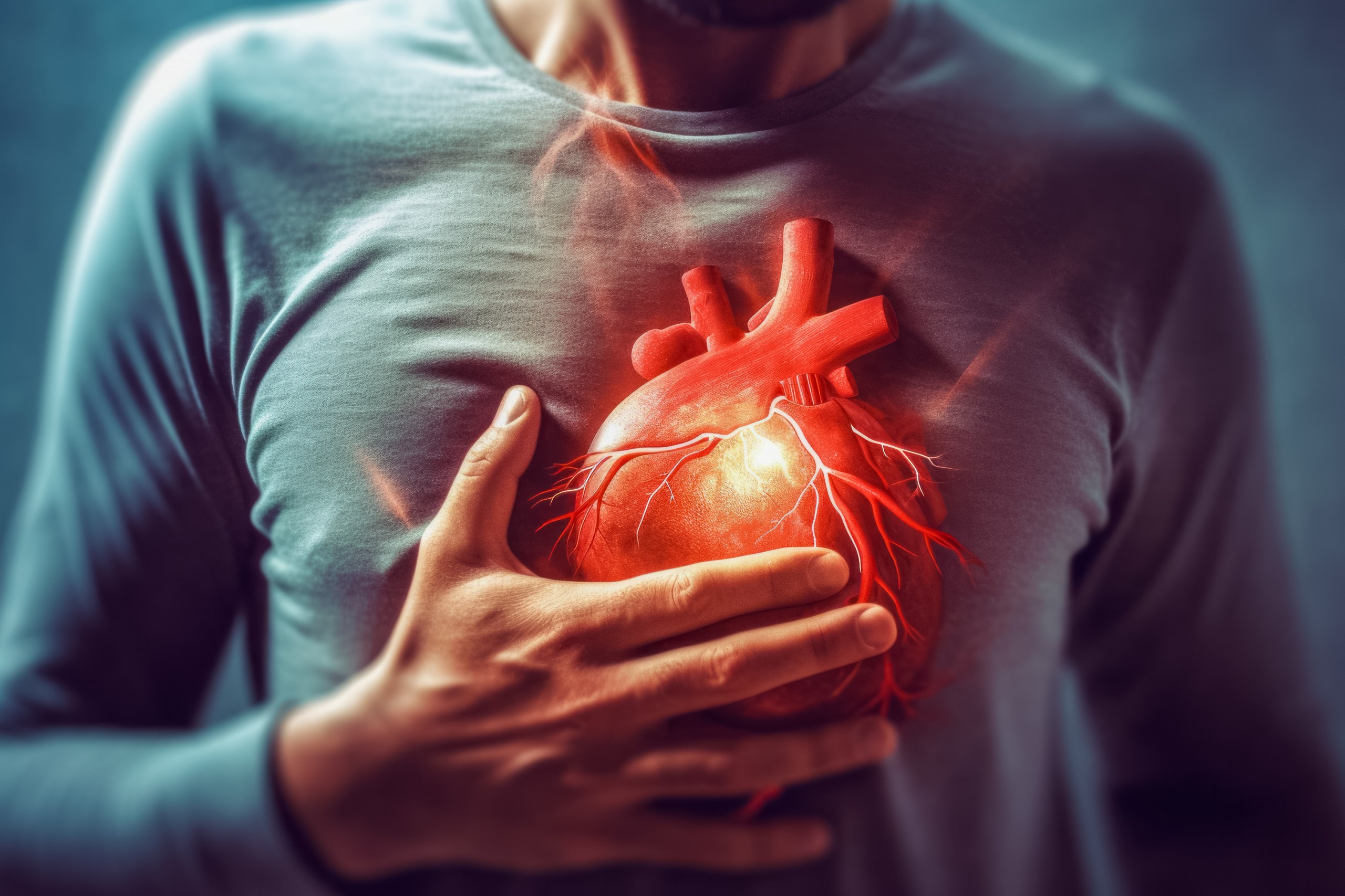 <p>Abstract image of a man with chest pain. Health concept. Background with selective focus and copy space. AI generated, human enhanced</p>
