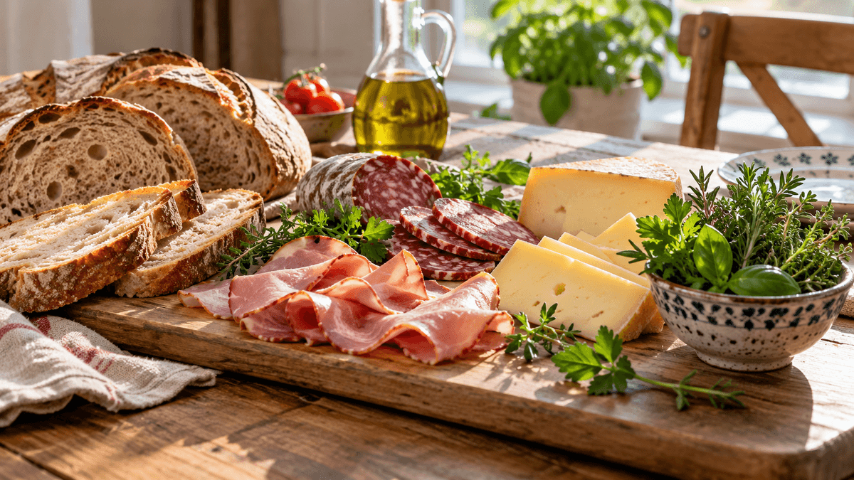 Pieczywo, wędlina i sery na drewnianej desce obok ziół, które mogą zastąpić sól